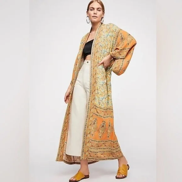 NWOT Kimono maxi length satin green pink floral peacock design robe - Picture 11 of 11